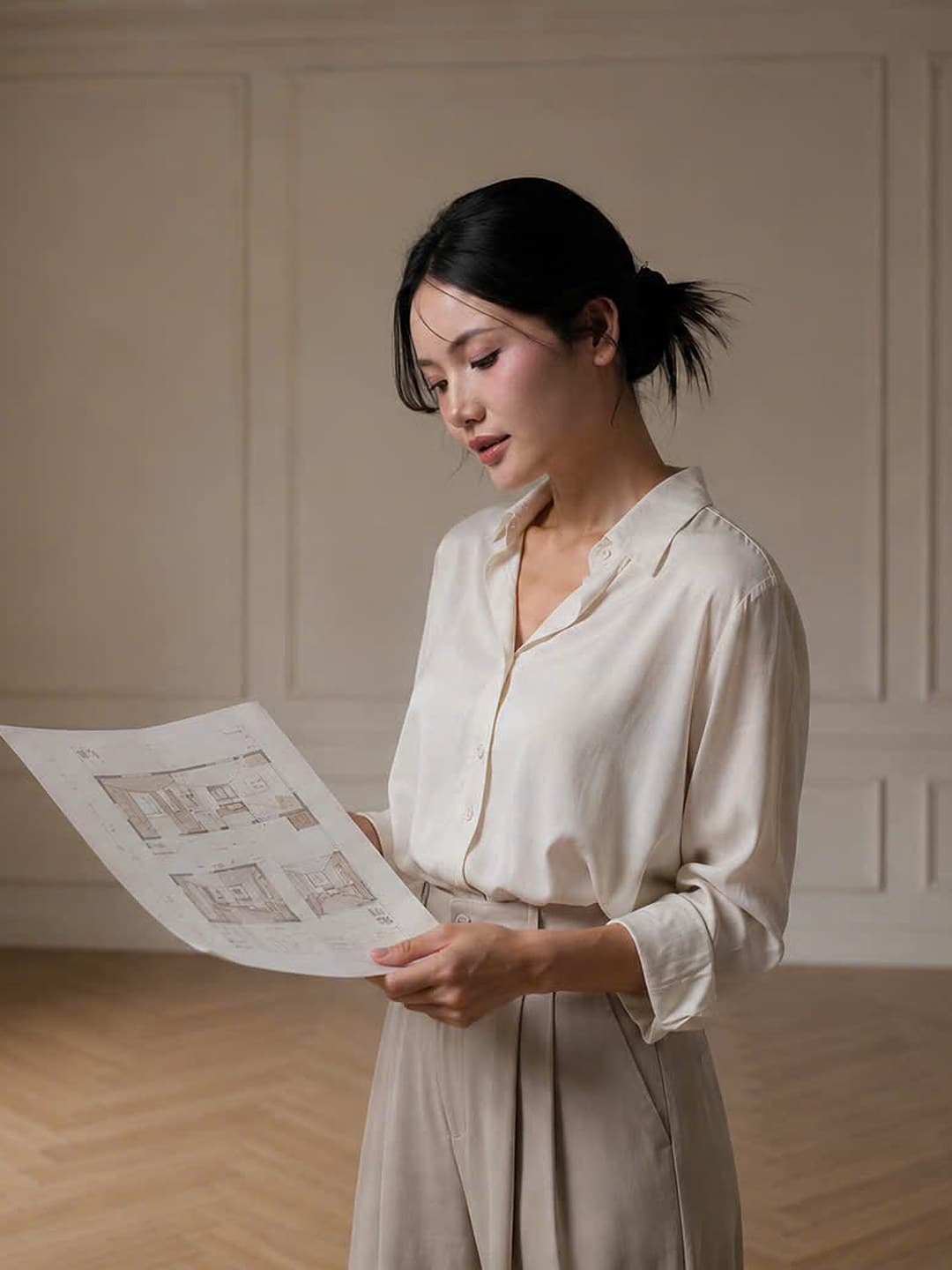 A designer in a cream blouse studying floor plans in a bright, empty room with herringbone floors and tall windows