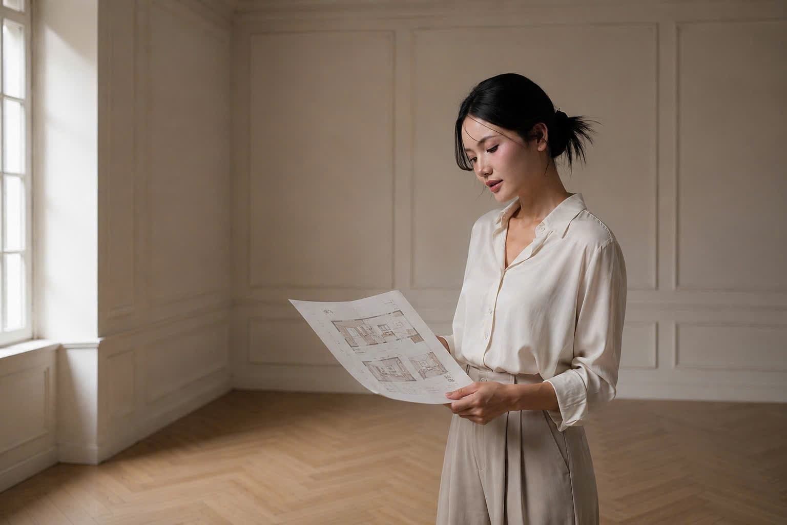 A designer in a cream blouse studying floor plans in a bright, empty room with herringbone floors and tall windows