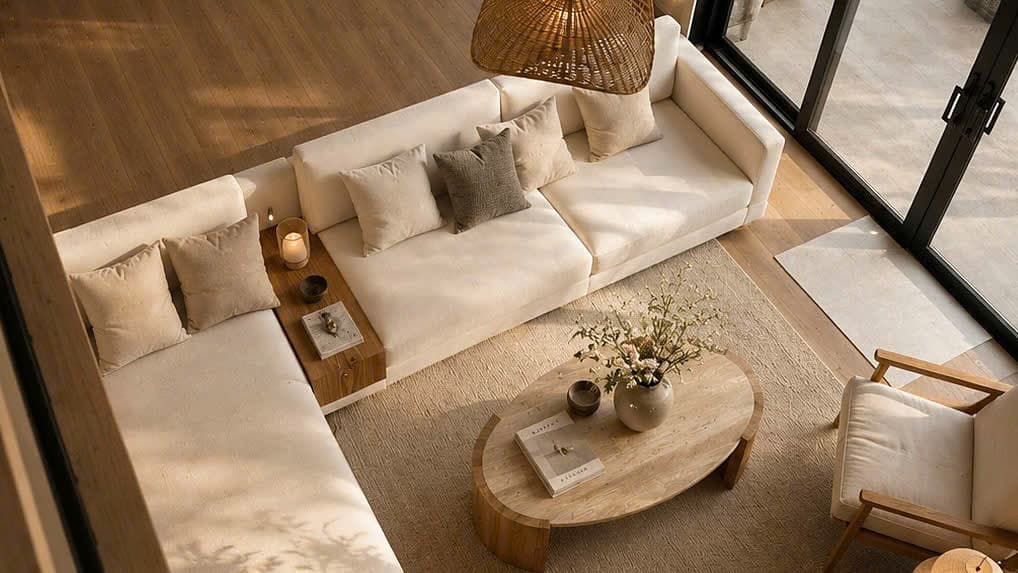 An overhead view of a serene living room with a low cream sofa, oval oak coffee table and rattan pendant