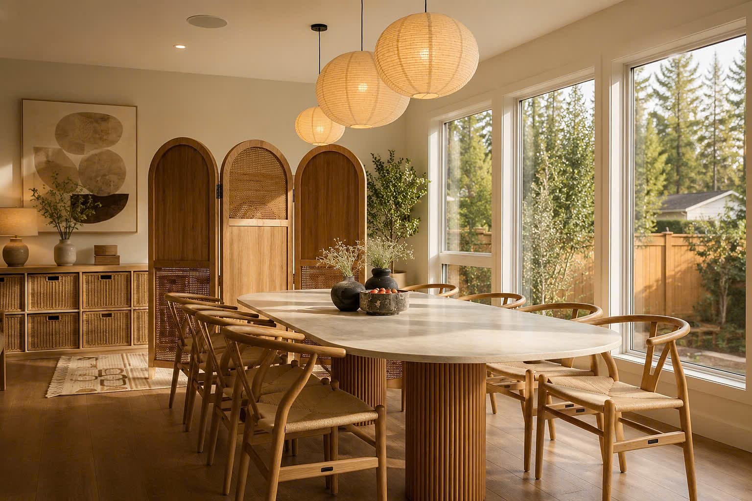 A dining room with an oval stone table, woven wishbone chairs and rice-paper pendants beside a garden window