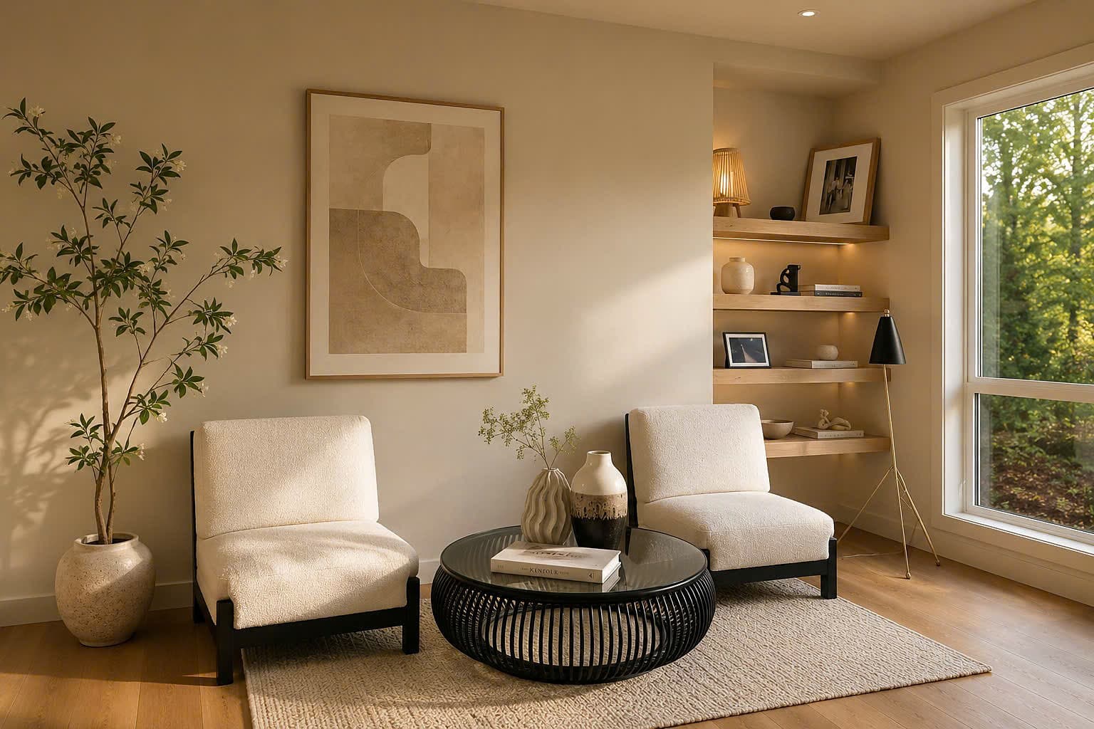 Two cream bouclé chairs around a round black coffee table beside floating oak shelves