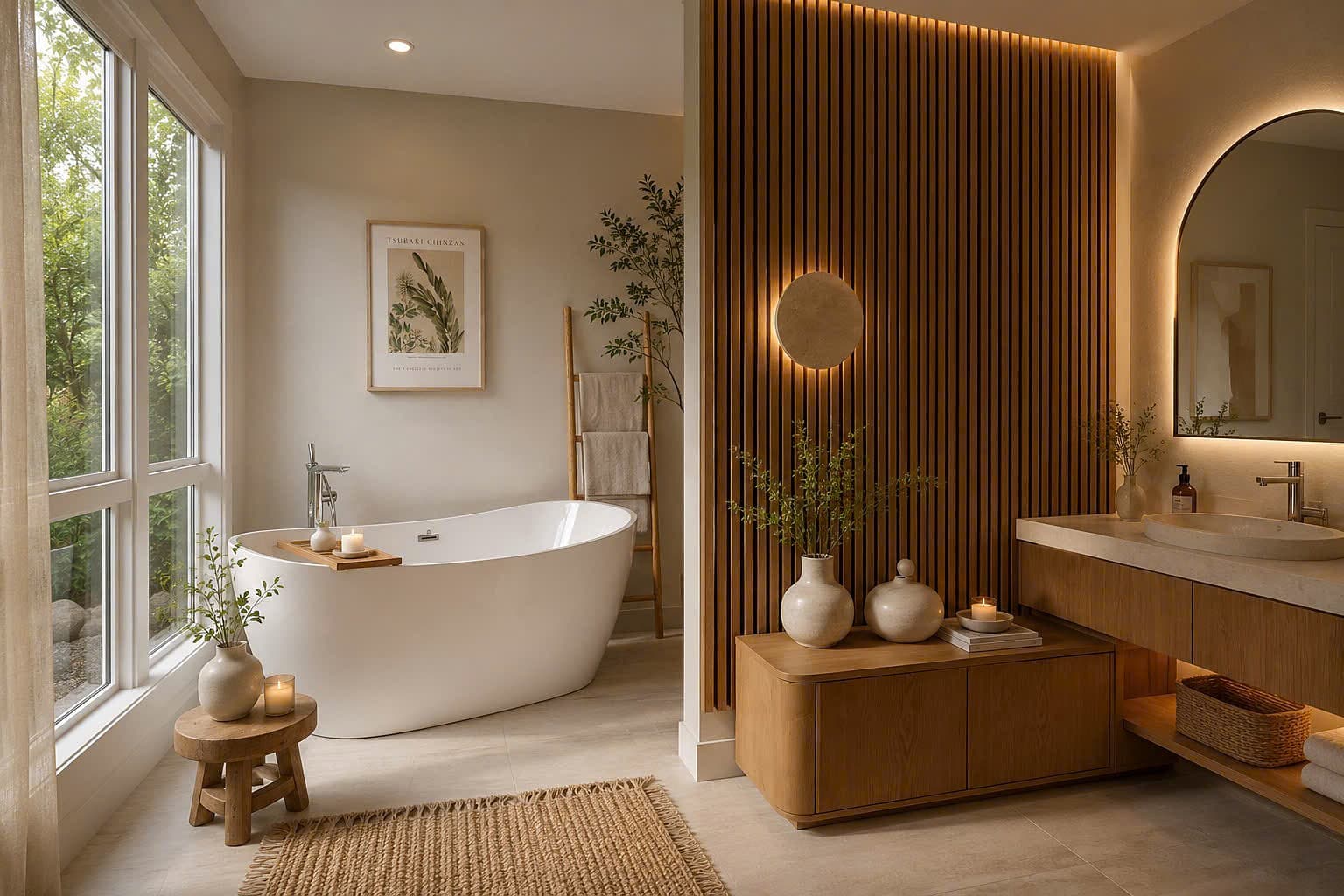 A calm spa-like bathroom with a freestanding tub, oak slat wall and a garden window