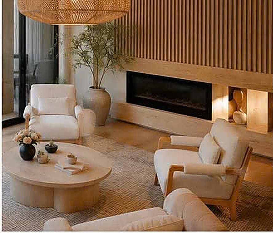 A floor-to-ceiling oak fireplace wall that grounds the room and draws the family together.