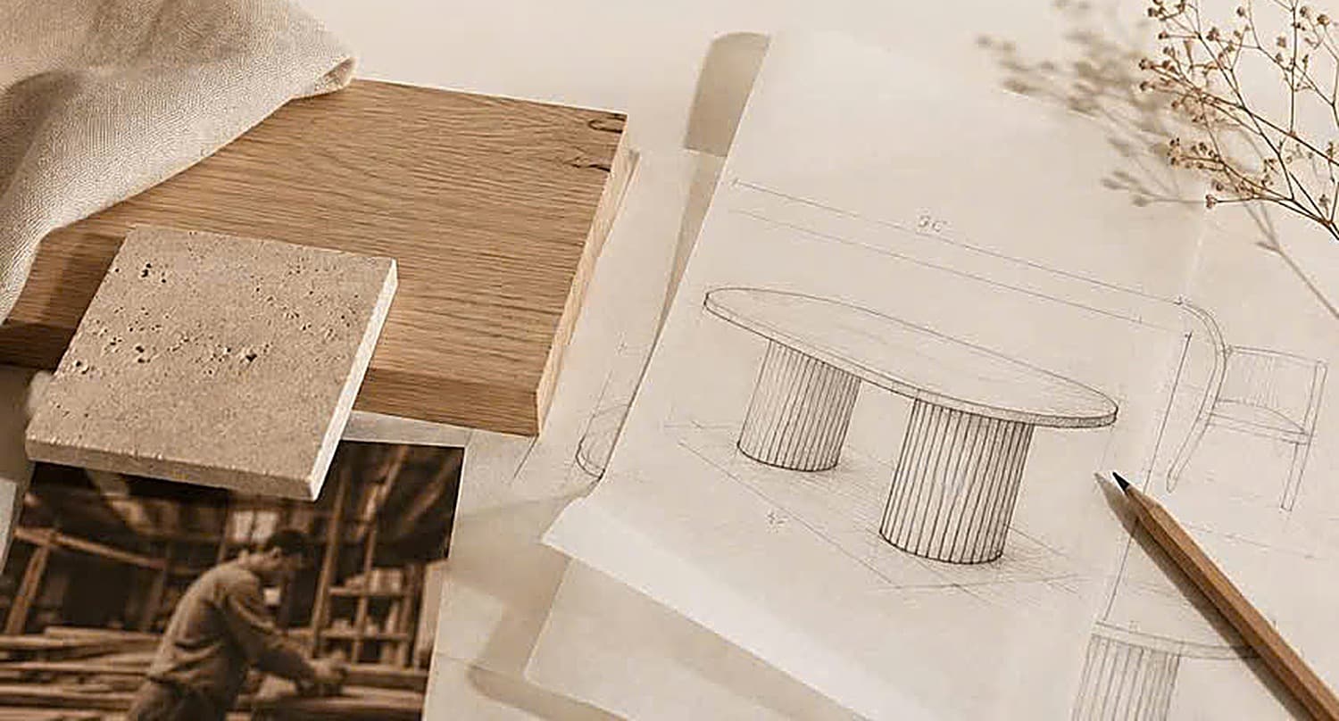 White oak, travertine and a technical drawing on a workbench
