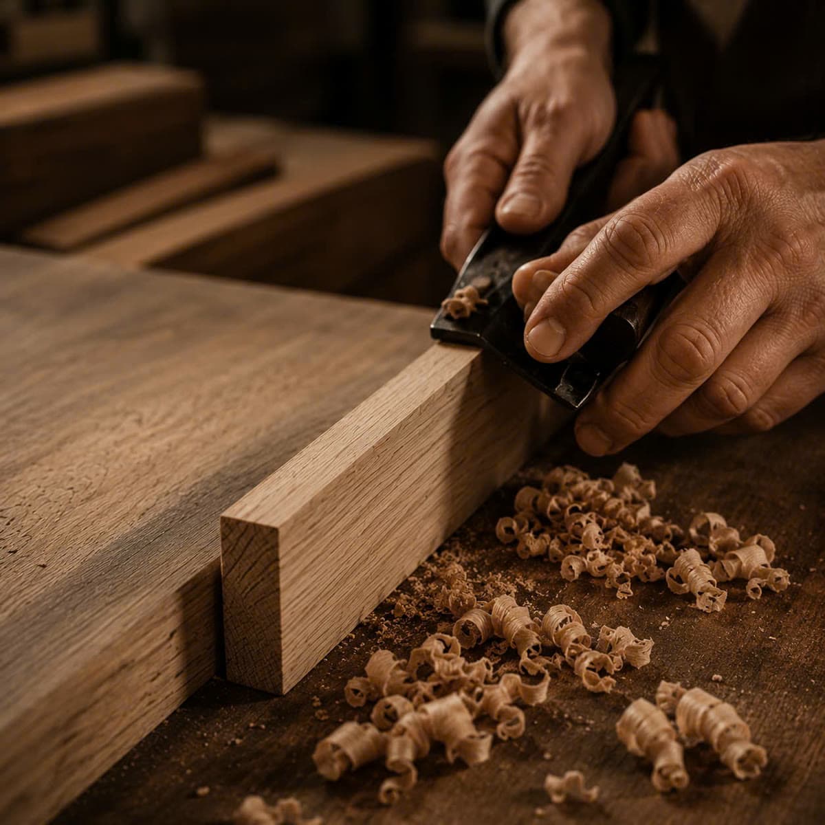 A craftsman hand-planing a length of solid white oak