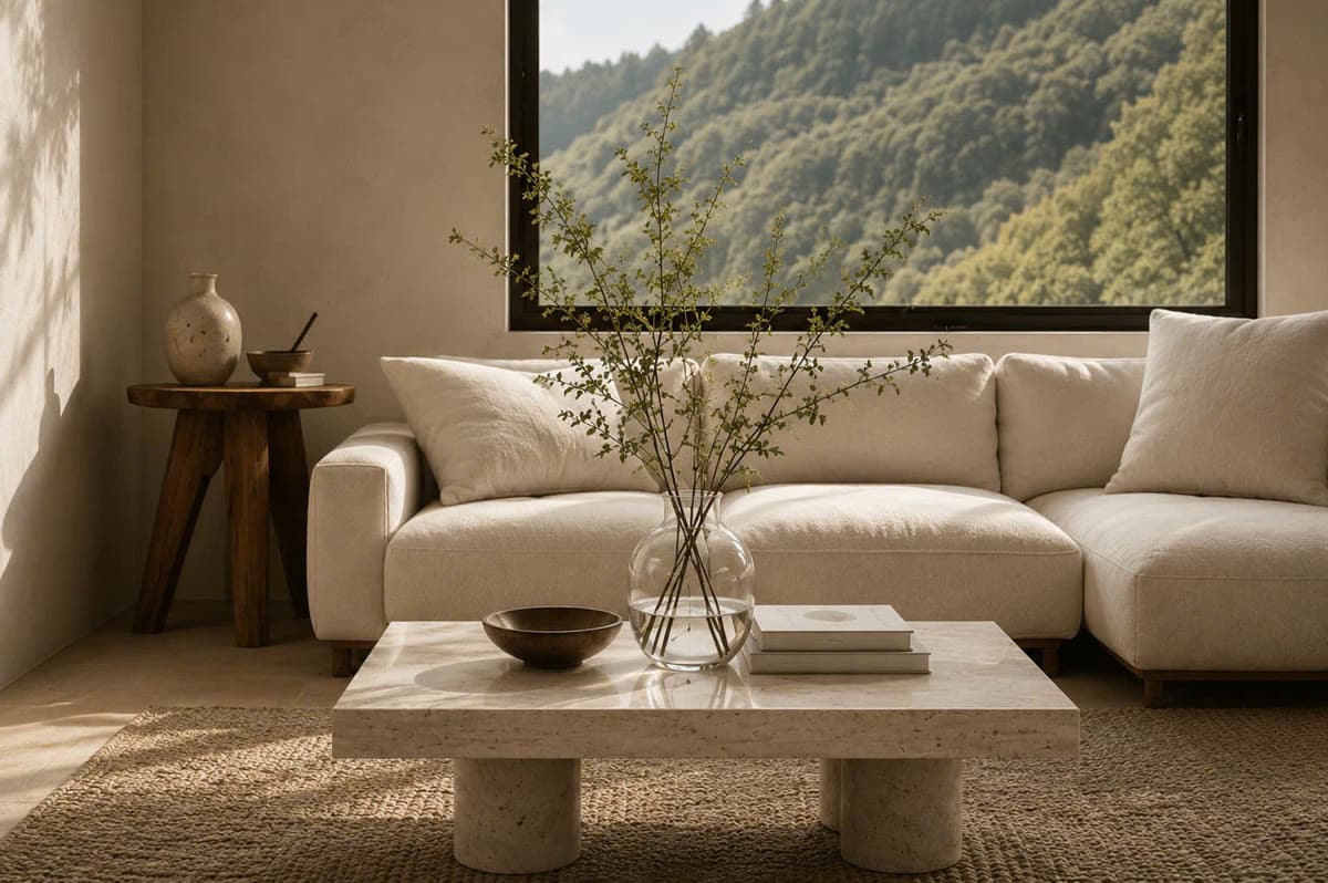 A sunlit Japandi living room with a linen sofa and travertine coffee table