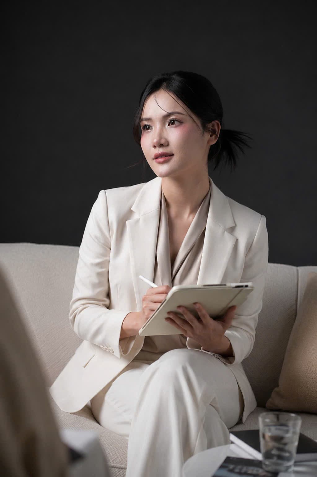 Vivi Mah, founder of Visionmade, in a cream suit reviewing designs on a tablet