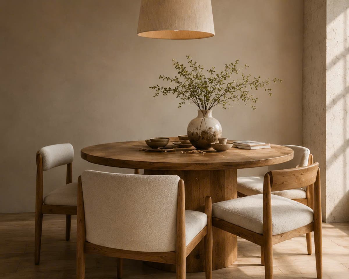 A custom round oak dining table set in warm evening light