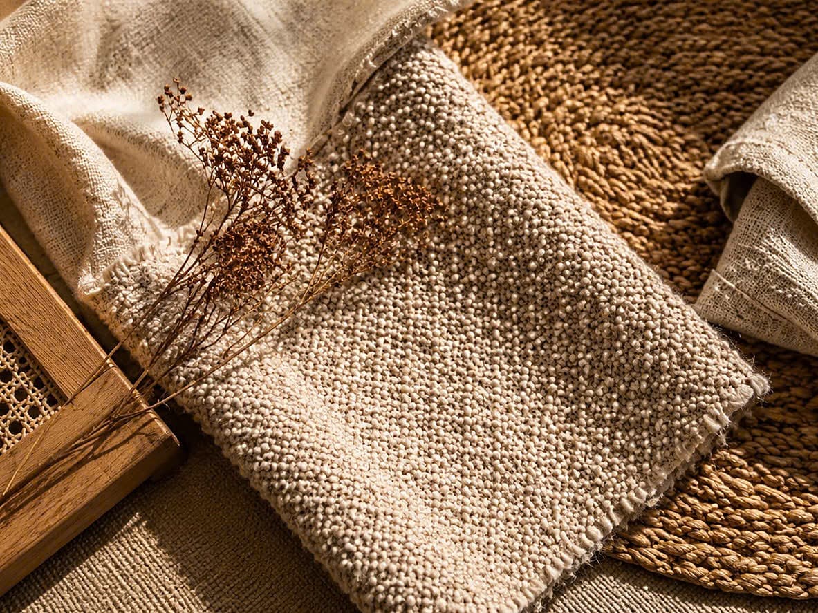 A flat-lay of linen, bouclé, cane and jute in warm natural light