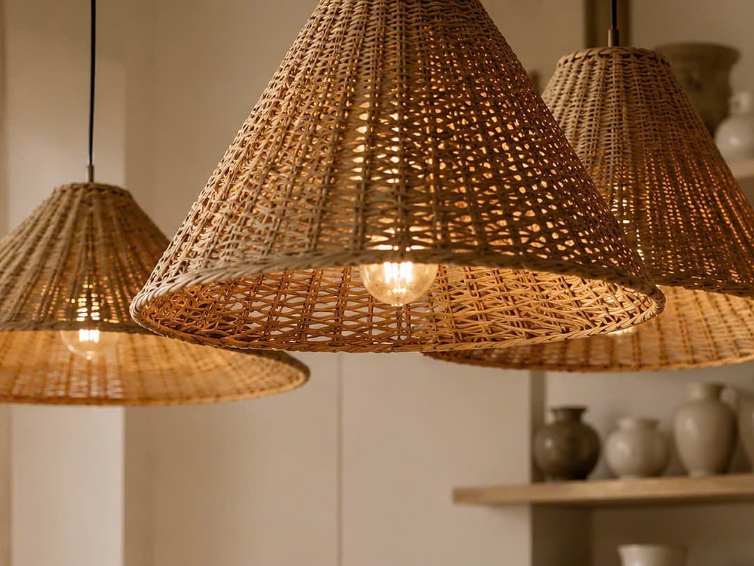 Handwoven rattan pendant lights glowing softly indoors