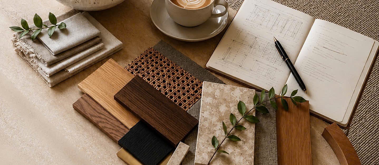 A flat-lay of wood, stone and material samples with a green sprig on a round oak table