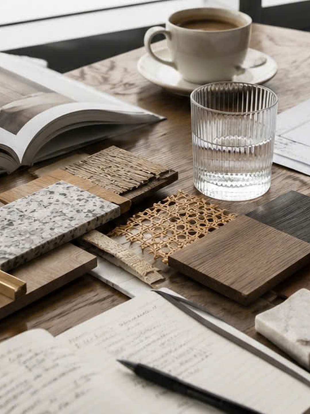 A flat-lay of stone, cane, oak and linen samples beside a coffee and floor plan