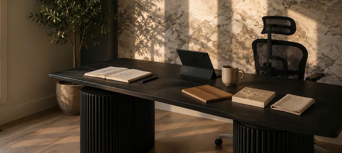 A dark Japandi home office — fluted desk, marble feature wall washed in afternoon light, an olive tree and material samples