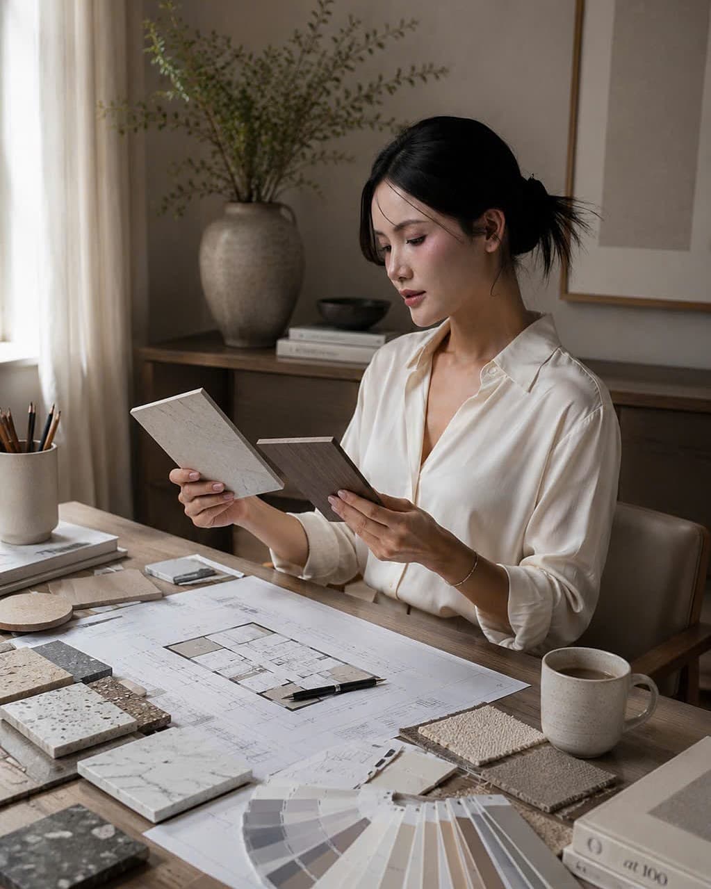 A designer at a window-side table reviewing material samples, floor plans and sketches over coffee