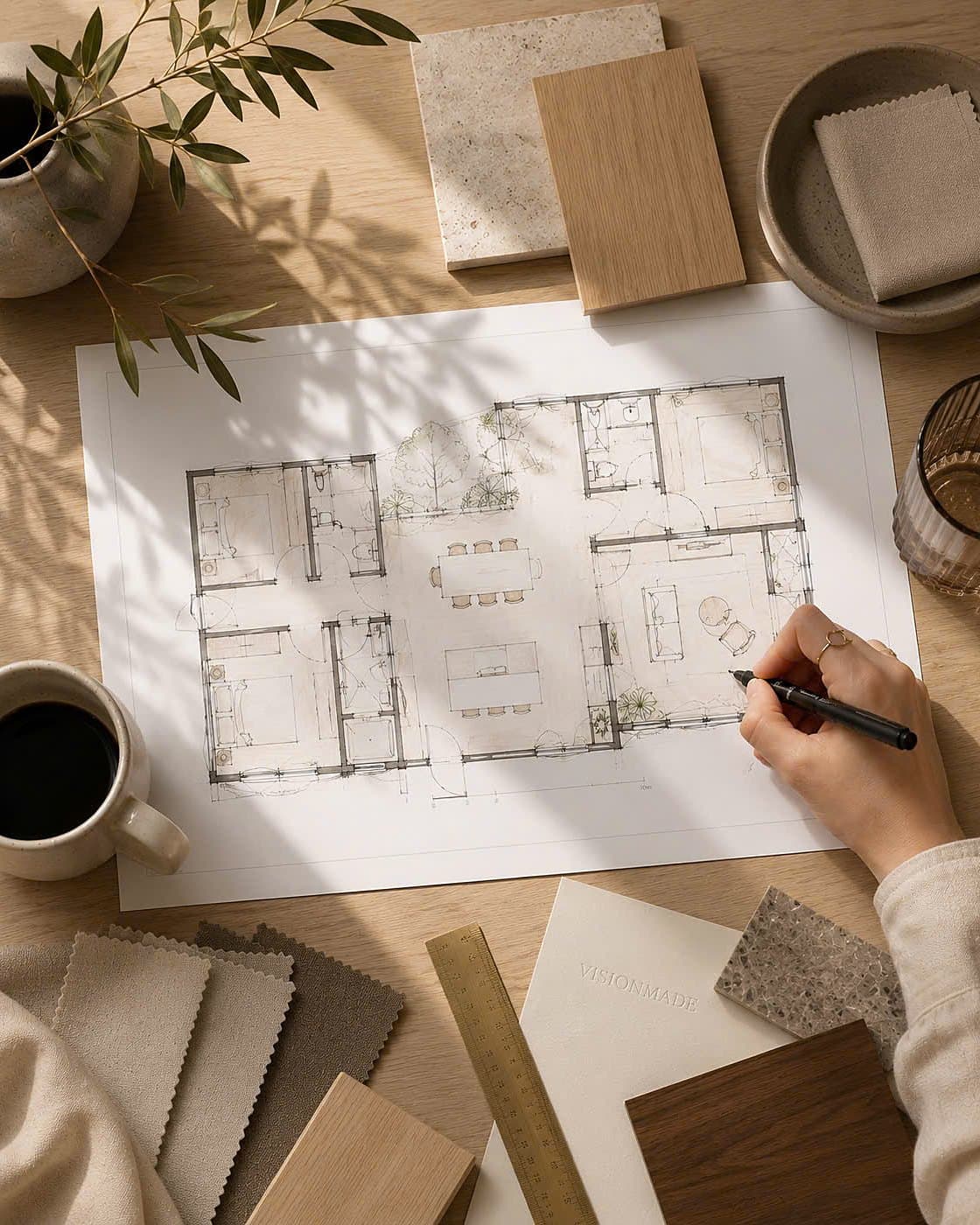 A hand sketching a floor plan among oak, stone and linen material samples