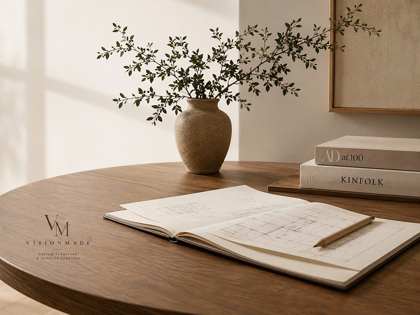 A round oak table with a ceramic vase and open floor-plan sketchbook in soft daylight